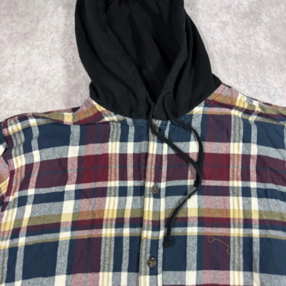 PacSun Mens XL Hooded Flannel Shirt Plaid Button Up Long Sleeve Multi Color